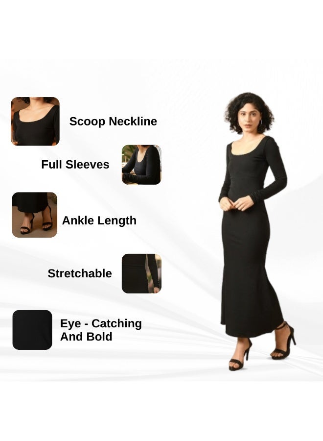 Uberoot Women’s Black Scoop Neck Long Sleeve Bodycon Dress | Stretchable Lycra Party Wear Midi Dress | Elegant Evening, Dinner & Club Outfit for Girls - Image 5