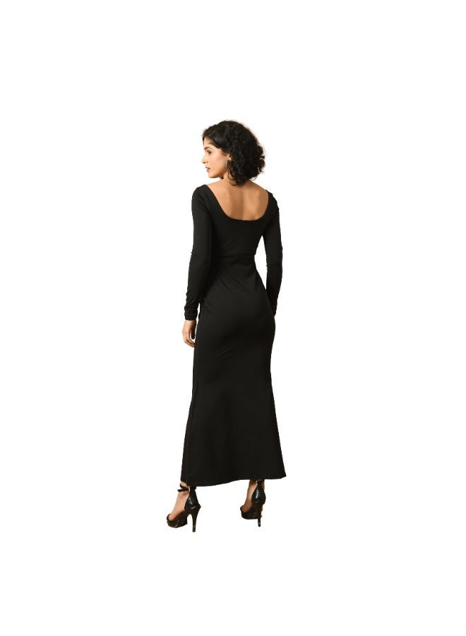Uberoot Women’s Black Scoop Neck Long Sleeve Bodycon Dress | Stretchable Lycra Party Wear Midi Dress | Elegant Evening, Dinner & Club Outfit for Girls - Image 4