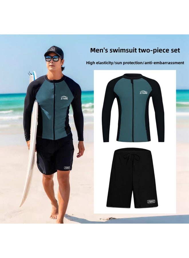 Generic Sunscreen Long Sleeve Swimsuit Men's Diving Suit Suit Quick-drying Surf Suit Plus Size Snorkeling Jellyfish Suit Beach-Color:9057 Men's Two-piece Set-Size:L  - Image 1
