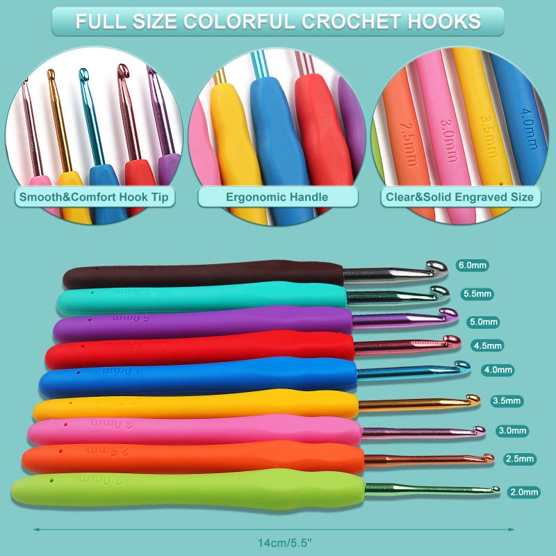 Aeelike Crochet Kit for Beginners Adults, Full Crochet Starter Set with Yarn, Include 9pcs Ergonomic Crochet Hooks 2.0-6.0 mm, 12pcs Lace Crochet Hooks 0.6-1.9 mm, Portable Crochet Hook Set with Case - Image 5