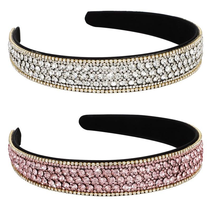 YISSION 2 PCS Rhinestone Headbands for Women Glitter Crystal Headband Fashion Jeweled Headbands for Girls Gorgeous Hair Accessories for Women Silver Pink