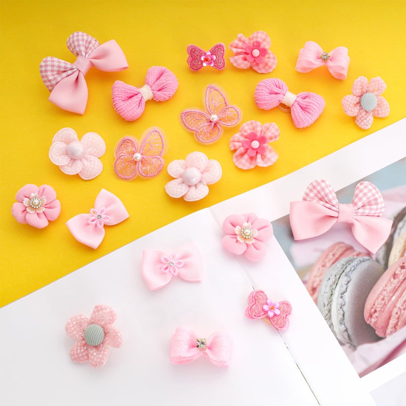 Gvhntk 20Pcs Light Pink Small Dog Hair Bows Cute Puppy Dog Bowknot Hair Bow Bulk with Rubber Bands Elastic Lace Rhinestone Pearls Hair Ties Mix Style Handmade Flower Bow Dog Cat (Light Pink, Cute pattern) - Image 2