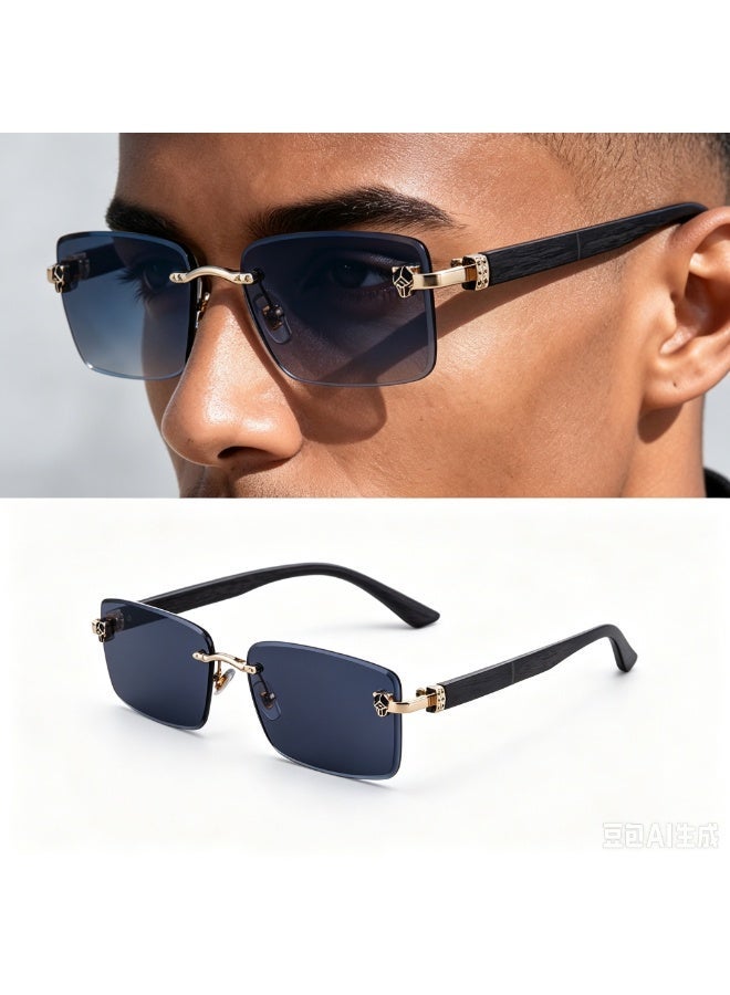 Men's Frameless Sunglasses with Retro Wood Grain Temple and Leopard Head Detail, UV Protection - Image 1
