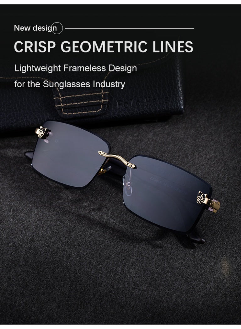 Men's Frameless Sunglasses with Retro Wood Grain Temple and Leopard Head Detail, UV Protection - Image 5