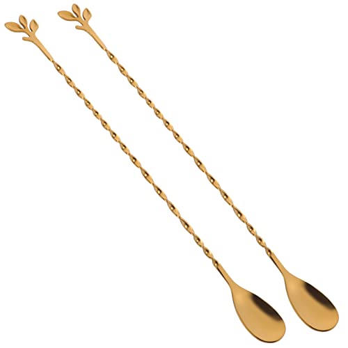 AnSaw Gold 12-Inch Stainless Steel Cocktail Spoon with Leaf Handle - Perfect for Mixing & Layering Drinks in Tall Cups, Bar & Shakers - Durable Long Handle Bar Stirrer,2-Pieces - Image 1