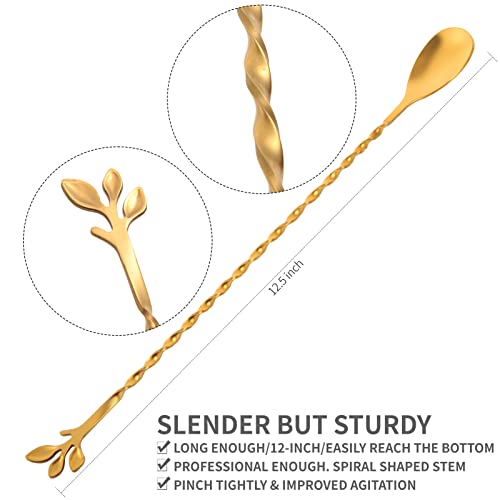 AnSaw Gold 12-Inch Stainless Steel Cocktail Spoon with Leaf Handle - Perfect for Mixing & Layering Drinks in Tall Cups, Bar & Shakers - Durable Long Handle Bar Stirrer,2-Pieces - Image 2