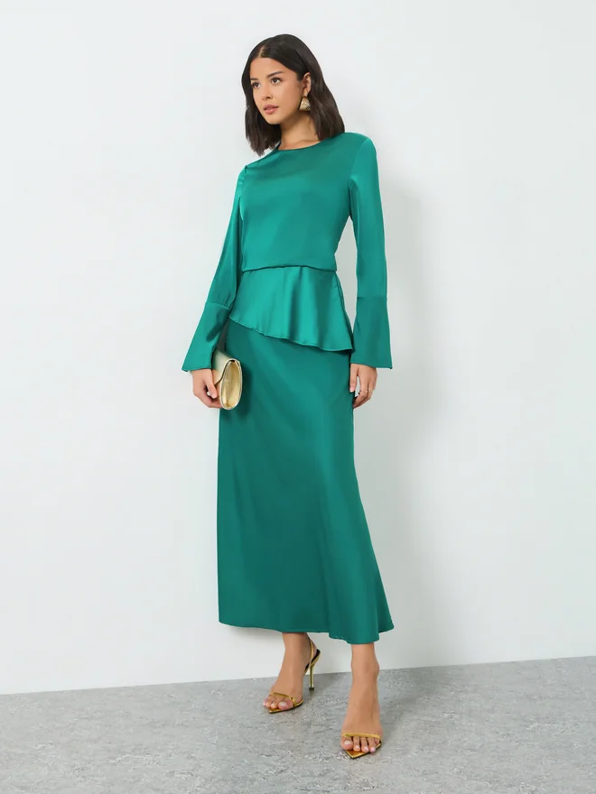 Styli  Styli Green Satin Bell Sleeves Maxi Dress for Women | Best Price UAE