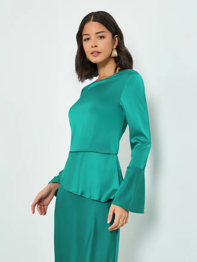 Styli  Styli Green Satin Bell Sleeves Maxi Dress for Women | Best Price UAE