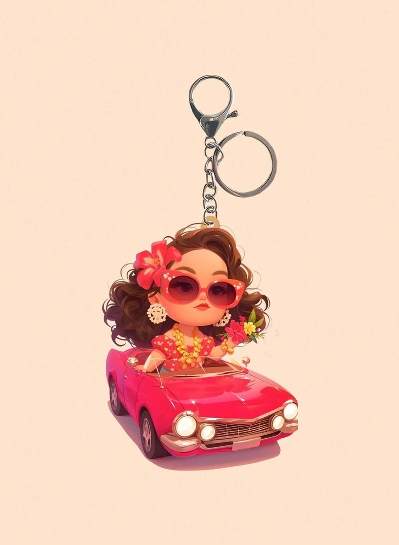 Keychain with Stylish Girl Design in Classic Red Car – Accessory for Cars and Bags