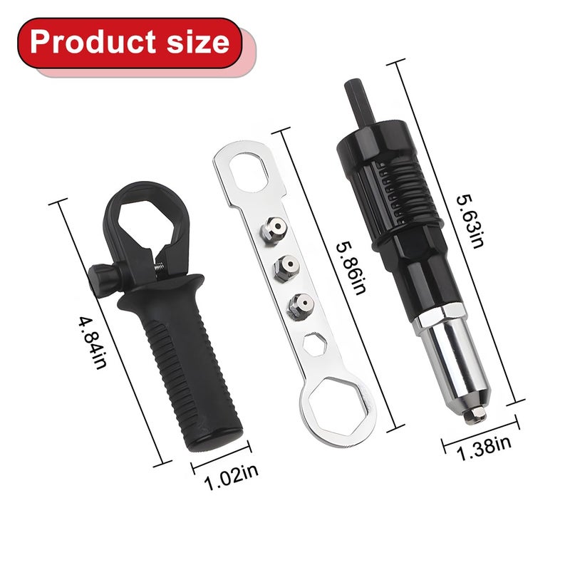 Sandfren Car Rivet Gun Adapter, Alloy Steel Riveter Gun Adapter Kit with Handle Grip & 4 Rivet Head for Cordless Electric Power Drill, Pop Riveting Nut Tool Drill Attachment, Universal Fit - Image 2