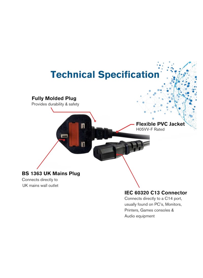 Terabyte كابل طاقة بريطاني بطول 3 متر IEC320C13 إلى BS1363 كابل غلاية بطول 9 أقدام، أسود - Image 3