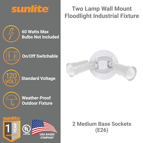 Sunlite 04918 Two Lamp Wall Mount Floodlight Industrial Fixture, 60 Watts Max, 2 Medium Base Sockets (E26), 120 Volts, Outdoor, UL Listed, for Carport, Garage & Entryways - Image 2