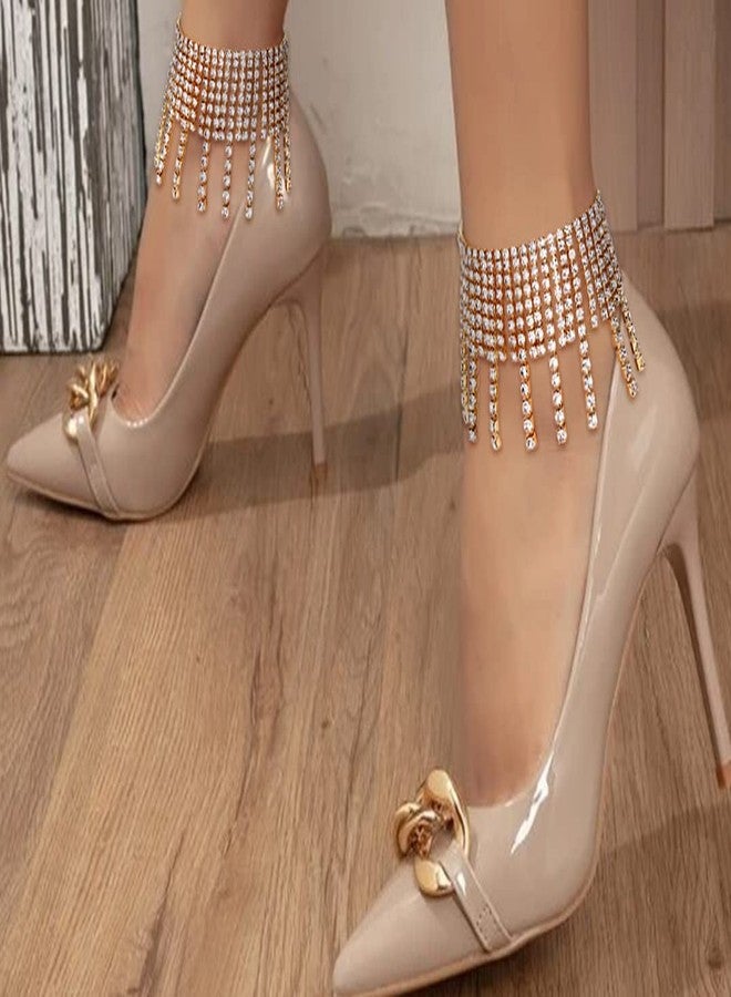 ELABEST Boho Tassels Ankle Bracelet Crystal Anklets 2Pcs Glitter Rhinestone Tennis High-heeled Foot Chain Wedding Body Jewelry Accessories for Women (Gold) - Image 3