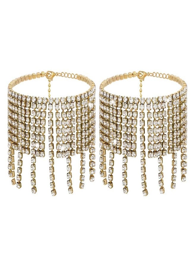 ELABEST Boho Tassels Ankle Bracelet Crystal Anklets 2Pcs Glitter Rhinestone Tennis High-heeled Foot Chain Wedding Body Jewelry Accessories for Women (Gold) - Image 1