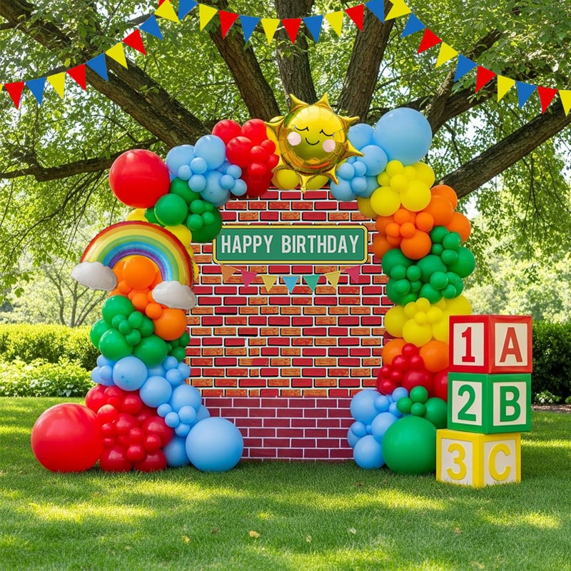 yeewaka Sesame Friends party decorations Kit with cartoon Theme primary color Balloon and ABC123 Box brick wall birthday backdrop for kid birthday Kindergarten pre k back to school supplies - Image 1