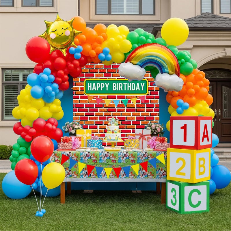 yeewaka Sesame Friends party decorations Kit with cartoon Theme primary color Balloon and ABC123 Box brick wall birthday backdrop for kid birthday Kindergarten pre k back to school supplies - Image 2