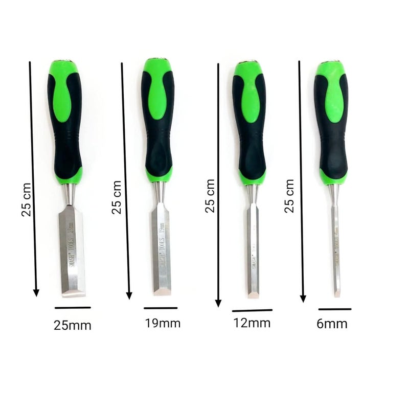 WYATT 4 Pieces Wood Chisel SetHeat Treated Alloy SteelDrop Forged Polished Finish Chisels Soft Grip With High Impact Handle Strike Cap Woodworking Carving 6mm 12mm 19mm and 25mm - Image 2