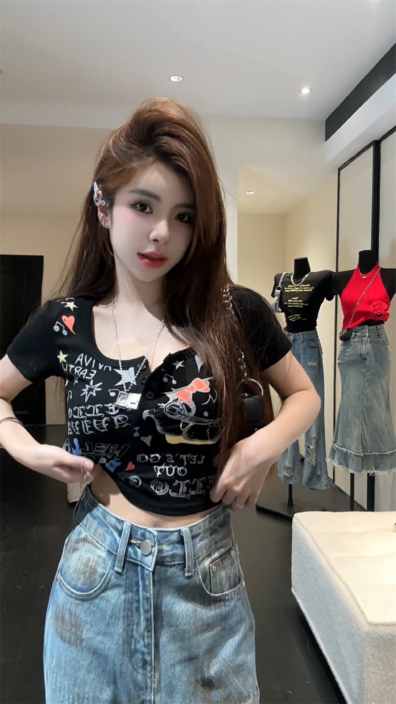 Sweet Spice Girl Cat Printed Short T-Shirt Women'S White Slim-Fit Design Niche Short-Sleeved Top - Image 1