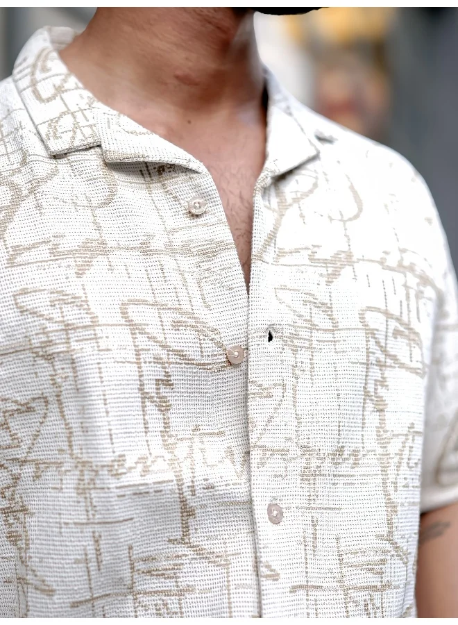 Maniac Mens Floral Collared Neck 3/4th Sleeve 3/4th White and Beige Tweed Fabric Oversized Shirt