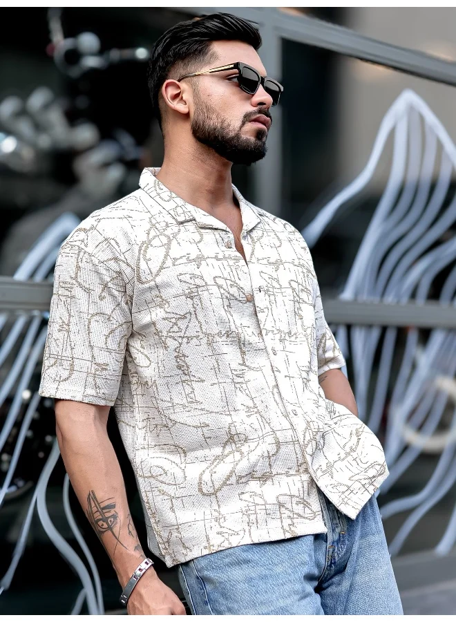 Maniac Mens Floral Collared Neck 3/4th Sleeve 3/4th White and Beige Tweed Fabric Oversized Shirt