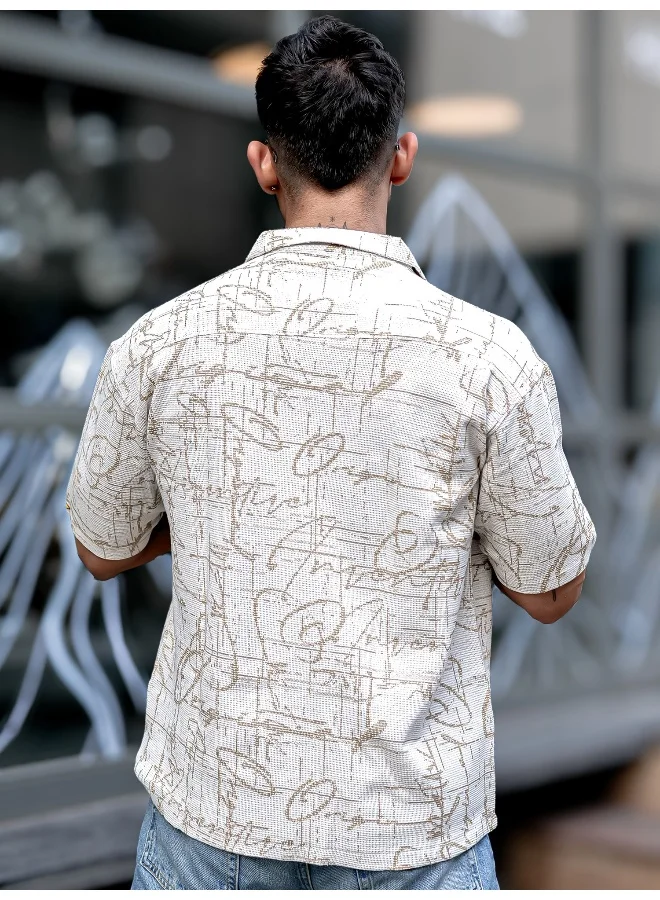 Maniac Mens Floral Collared Neck 3/4th Sleeve 3/4th White and Beige Tweed Fabric Oversized Shirt