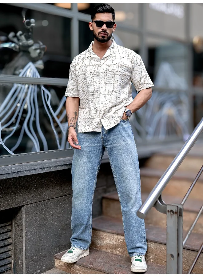 Maniac Mens Floral Collared Neck 3/4th Sleeve 3/4th White and Beige Tweed Fabric Oversized Shirt