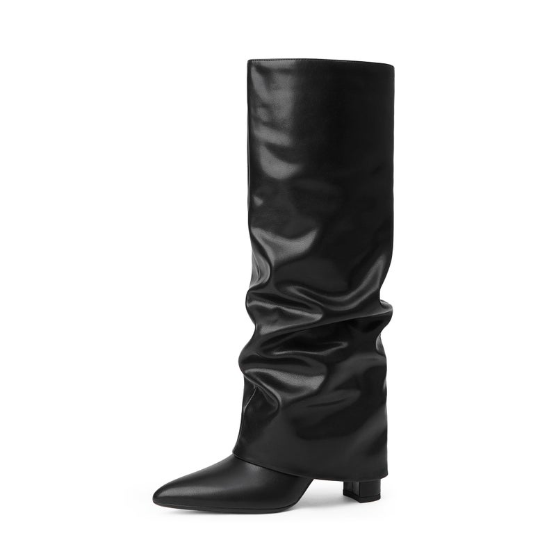 Modatope Knee High Black Slouchy Boots for Women Black Slouchy Fold Over Knee High Boots Chunky Heel Pointed Toe Tall Long Boots Size 8.5 - Image 1