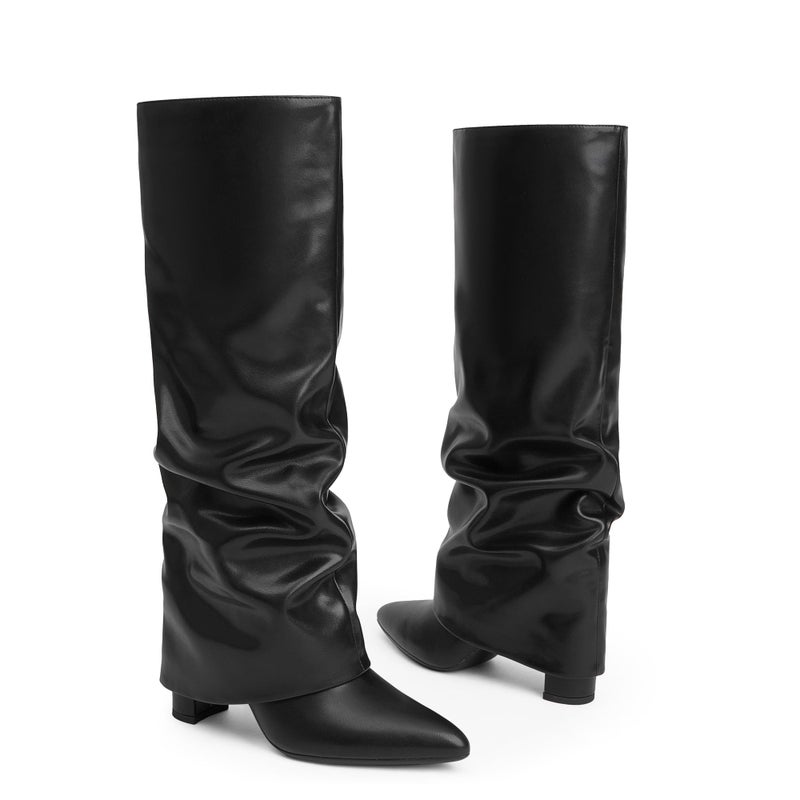 Modatope Knee High Black Slouchy Boots for Women Black Slouchy Fold Over Knee High Boots Chunky Heel Pointed Toe Tall Long Boots Size 8.5 - Image 4