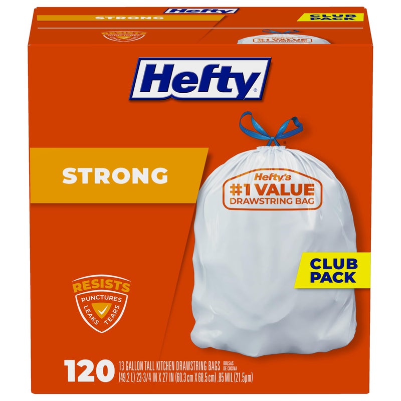 Hefty Strong White 13 Gallon Trash Bags with Drawstrings, Unscented Tall Kitchen Trash Bags, Resists Leaks, Punctures, and Tears, Durable Closure, 120 Ct. - Image 1