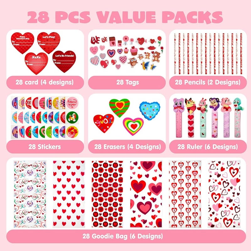 JOYIN 28 Pcs Valentines Day Gifts for Kids Goody Bags with Stationery Gift Set for School Classmates Exchange Gift, Valentine Party Favor, Includes Pencils, Erasers, Rulers, Stickers - Image 2
