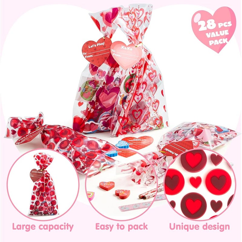 JOYIN 28 Pcs Valentines Day Gifts for Kids Goody Bags with Stationery Gift Set for School Classmates Exchange Gift, Valentine Party Favor, Includes Pencils, Erasers, Rulers, Stickers - Image 3