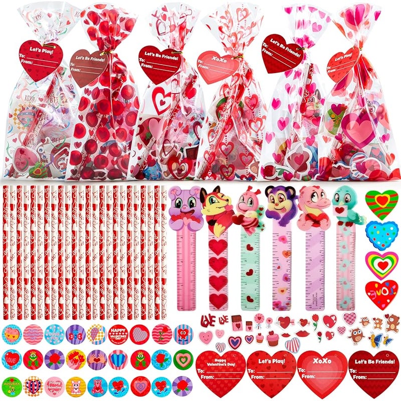 JOYIN 28 Pcs Valentines Day Gifts for Kids Goody Bags with Stationery Gift Set for School Classmates Exchange Gift, Valentine Party Favor, Includes Pencils, Erasers, Rulers, Stickers - Image 1