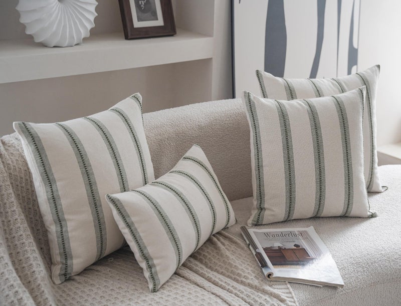 Cethom Boho Throw Pillow Covers 18x18 Set of 2, Olive Green Striped Decorative Pillow Cases for Couch Chair Bed, Textured Farmhouse Modern Accent Cushion Covers for Living Room Bedroom Sofa Home Decor - Image 5