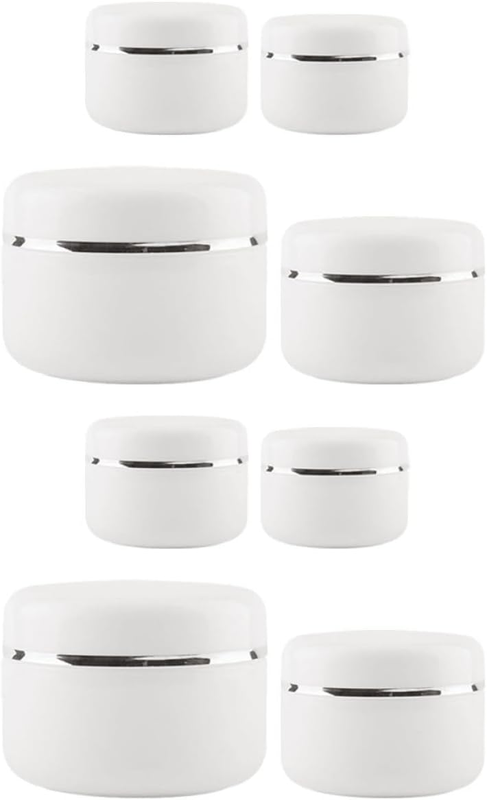 8Pcs Facial Cream Jars Set 20G 30G 50G 100G White Silver Edge Plastic Cosmetic Containers Multi-Function Lotion Sub Containers for Travel and Daily Use - Image 1