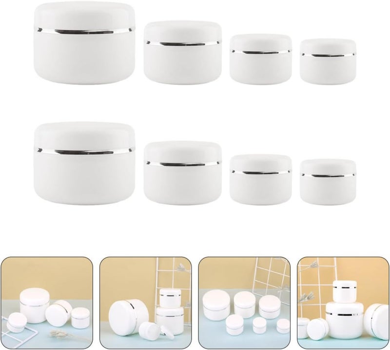 8Pcs Facial Cream Jars Set 20G 30G 50G 100G White Silver Edge Plastic Cosmetic Containers Multi-Function Lotion Sub Containers for Travel and Daily Use - Image 3