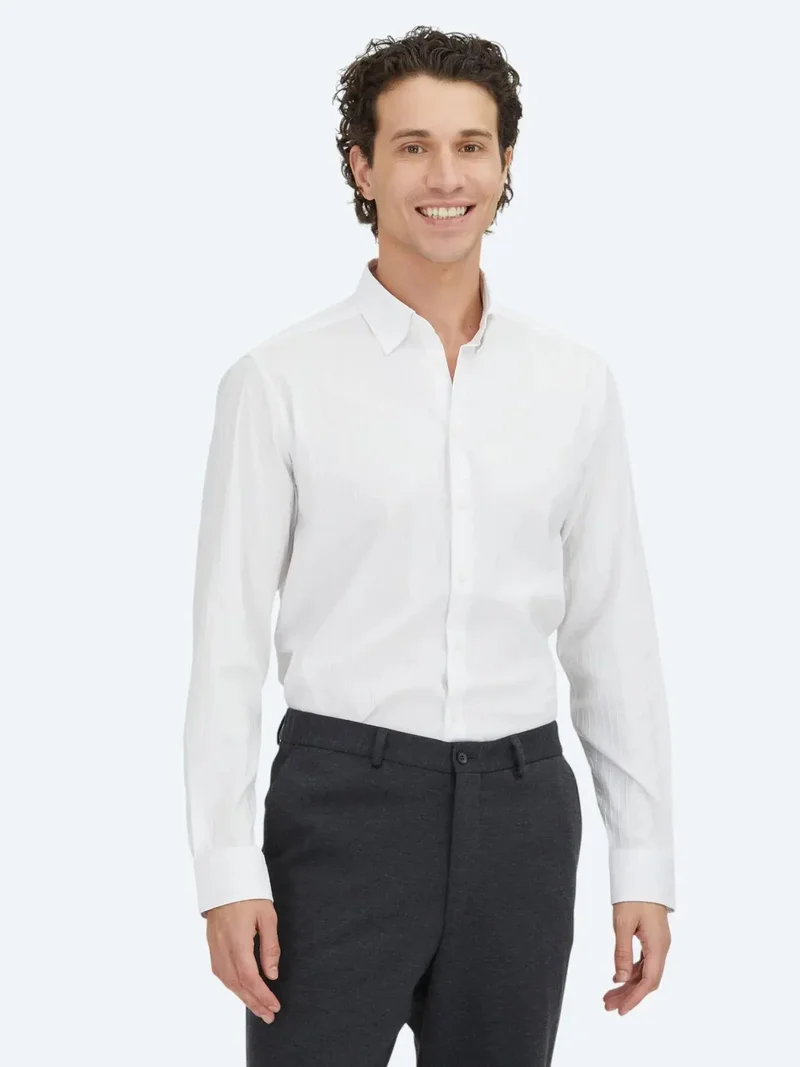 Kip White Striped Regular Fit Weaving Sport Cotton Blended Shirt