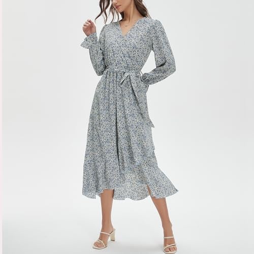 Max Hsuan Women's Floral Bohemian Dress Long Sleeve Wrap V Neck Ruffle Flowy Maxi Casual Tie Waist Boho Asymmetrical Vacation Dresses - Image 2