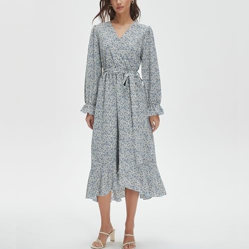 Max Hsuan Women's Floral Bohemian Dress Long Sleeve Wrap V Neck Ruffle Flowy Maxi Casual Tie Waist Boho Asymmetrical Vacation Dresses - Image 4