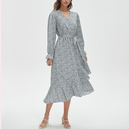 Max Hsuan Women's Floral Bohemian Dress Long Sleeve Wrap V Neck Ruffle Flowy Maxi Casual Tie Waist Boho Asymmetrical Vacation Dresses - Image 5