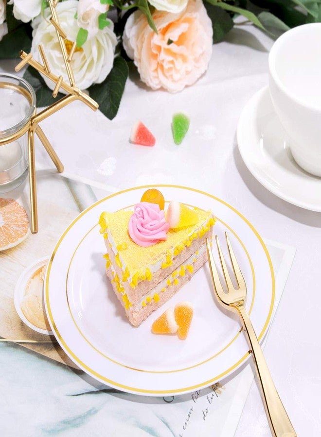 bUCLA 100Pieces Gold Plastic Plates - 6.25inch White with Gold Rim Disposable Salad/Dessert/Appetizer/Small Cake Plates Premium Hard - Ideal for Wedding & Party - Image 3