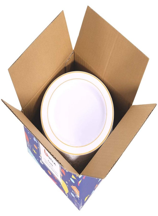 bUCLA 100Pieces Gold Plastic Plates - 6.25inch White with Gold Rim Disposable Salad/Dessert/Appetizer/Small Cake Plates Premium Hard - Ideal for Wedding & Party - Image 5