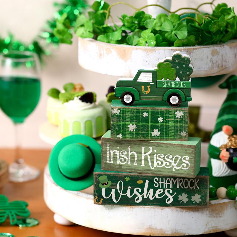 Lineshading 4 Pcs St. Patrick's Day Table Decoration Wooden Shamrocks Truck St Patrick's Day Tiered Tray Decor Irish Table Centerpiece for Saint Patty's Party Farmhouse Home Kitchen Decor - Image 5