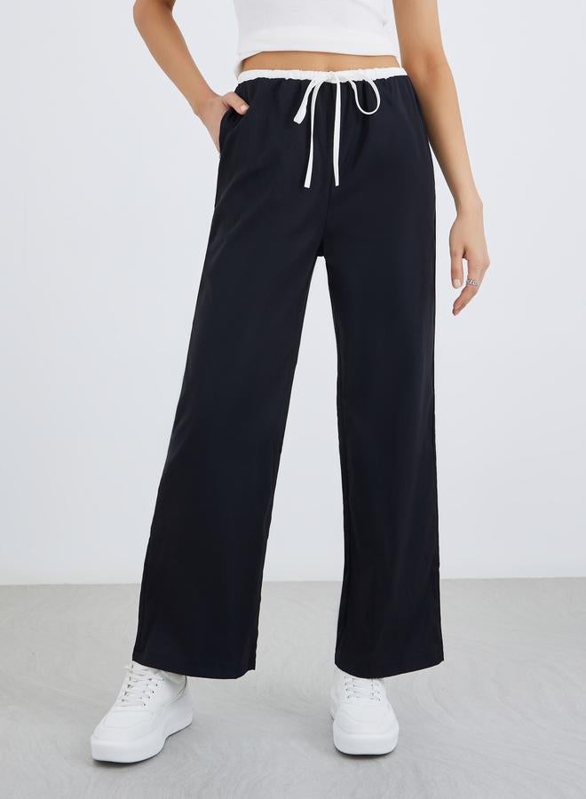 Take Two Solid Double Layer Drawstring Waist Wide Leg Pants - Image 2