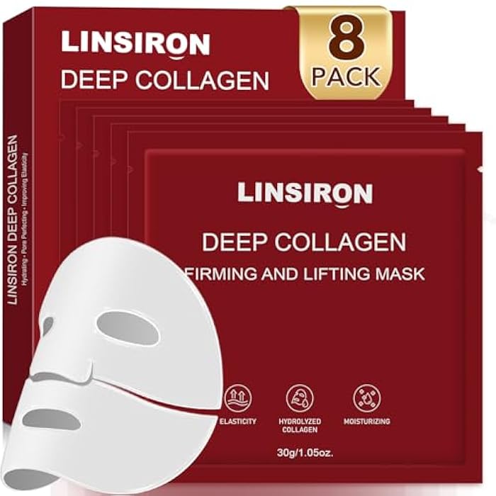LINSIRON Bio-Collagen Real Deep Masks 8PCS Collagen Face Mask Skin Care Sheet Overnight Skincare Hydrating Smile Line Patches Wrapping Lift Stocking Stuffers Birthday Gifts for Teen Girls - Image 1