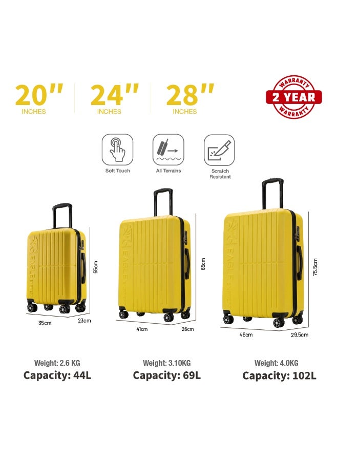 Eagle Express Aura ABS Hard Shell Luggage Set 3 Pcs (20/24/28 Inch) Yellow, Travel Trolley Suitcase Set with Scratch Resistant Shell, Silent Spinner Wheels, Anti-Theft Zipper and 2 Year Warranty - Image 3