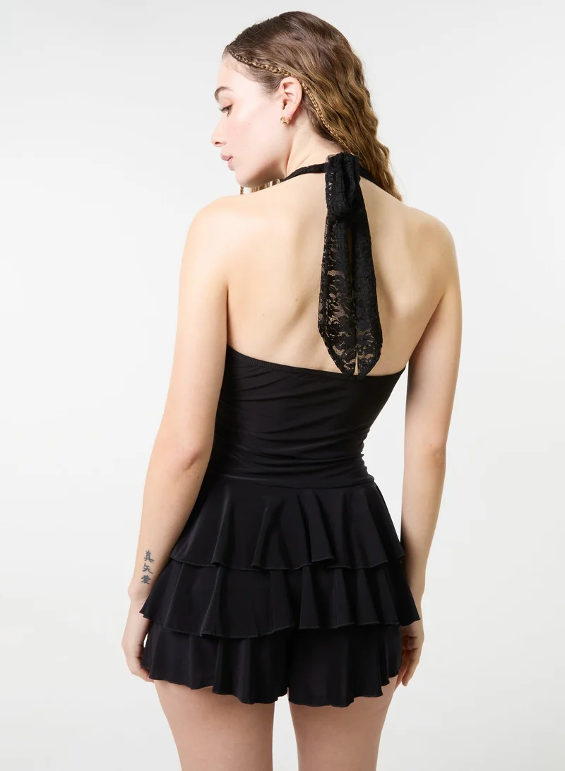 Pink Vanilla Lace Halter Neck Ruffle Playsuit