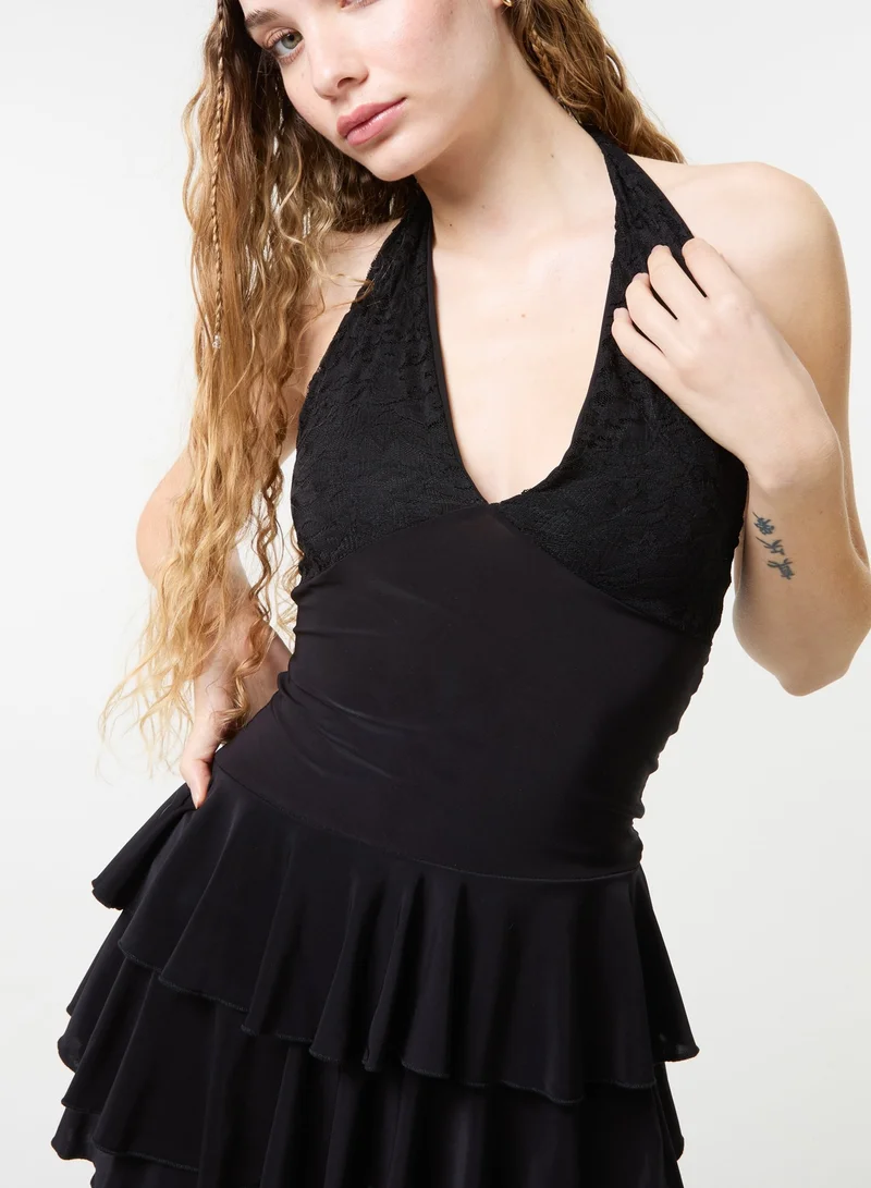 Pink Vanilla  Lace Halter Neck Ruffle Playsuit for Women | Best Price UAE