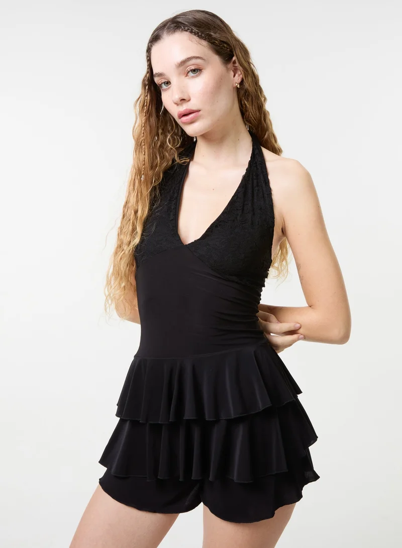 Pink Vanilla  Lace Halter Neck Ruffle Playsuit for Women | Best Price UAE