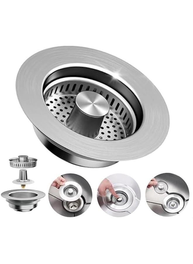 3-in-1 Kitchen Sink Drain Strainer - Pop Up Sink Stopper, 304 Stainless Steel Sink Drain Strainer, Kitchen Sink Stopper with Anti-Clogging Design, Kitchen Sink Strainer Fits US Standard 3-1/2'' Drains  - Image 1