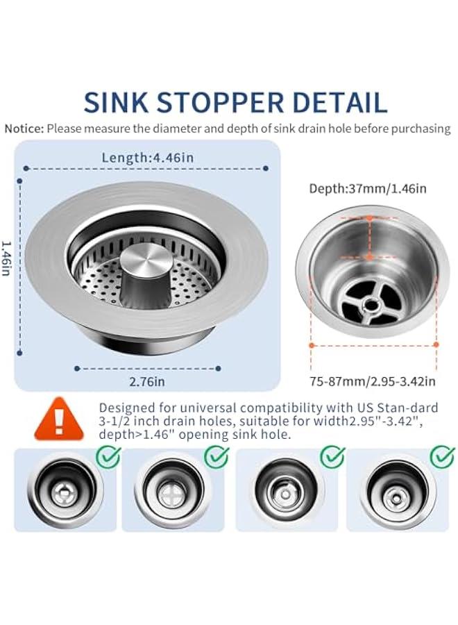 3-in-1 Kitchen Sink Drain Strainer - Pop Up Sink Stopper, 304 Stainless Steel Sink Drain Strainer, Kitchen Sink Stopper with Anti-Clogging Design, Kitchen Sink Strainer Fits US Standard 3-1/2'' Drains  - Image 3